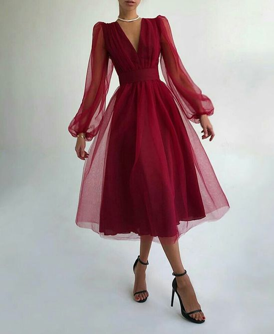 Charming Puffy Long Sleeve Burgundy Tea Length Long Prom Dress/Evening shinydress Charming Puffy Long Sleeve Burgundy Tea Length Long Prom Dress/Evening shinydress