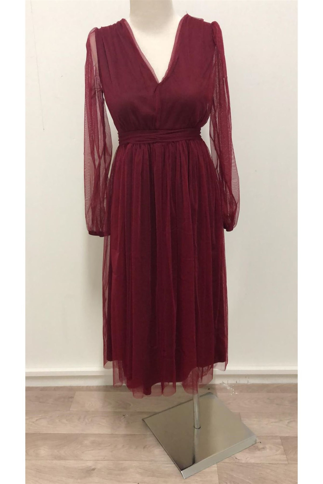 Charming Puffy Long Sleeve Burgundy Tea Length Long Prom Dress/Evening Gown T1641
