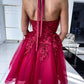 Halter Neck Backless Short Burgundy Lace Prom Dresses, Burgundy Lace Homecoming Dress SA688