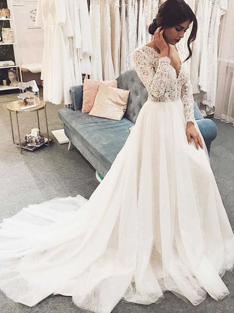 R0125,light white long sleeves women dresses v-neck applique full length fashion dresses party dresses tulle lace wedding dress