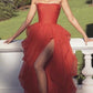 Sexy Red A Line Strapless Layered Tulle Long Prom Dresses with Slit cg1345