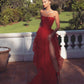 Sexy Red A Line Strapless Layered Tulle Long Prom Dresses with Slit cg1345