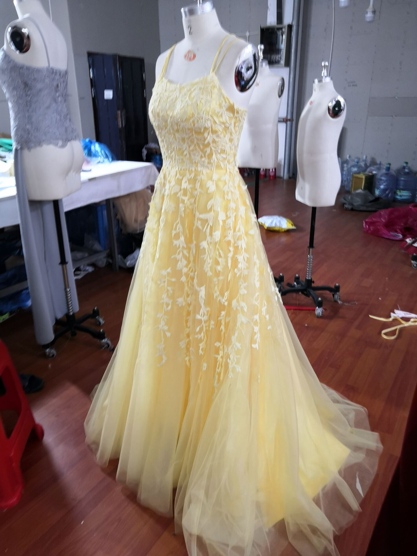 046, Hot Yellow tulle lace long prom dress party dress