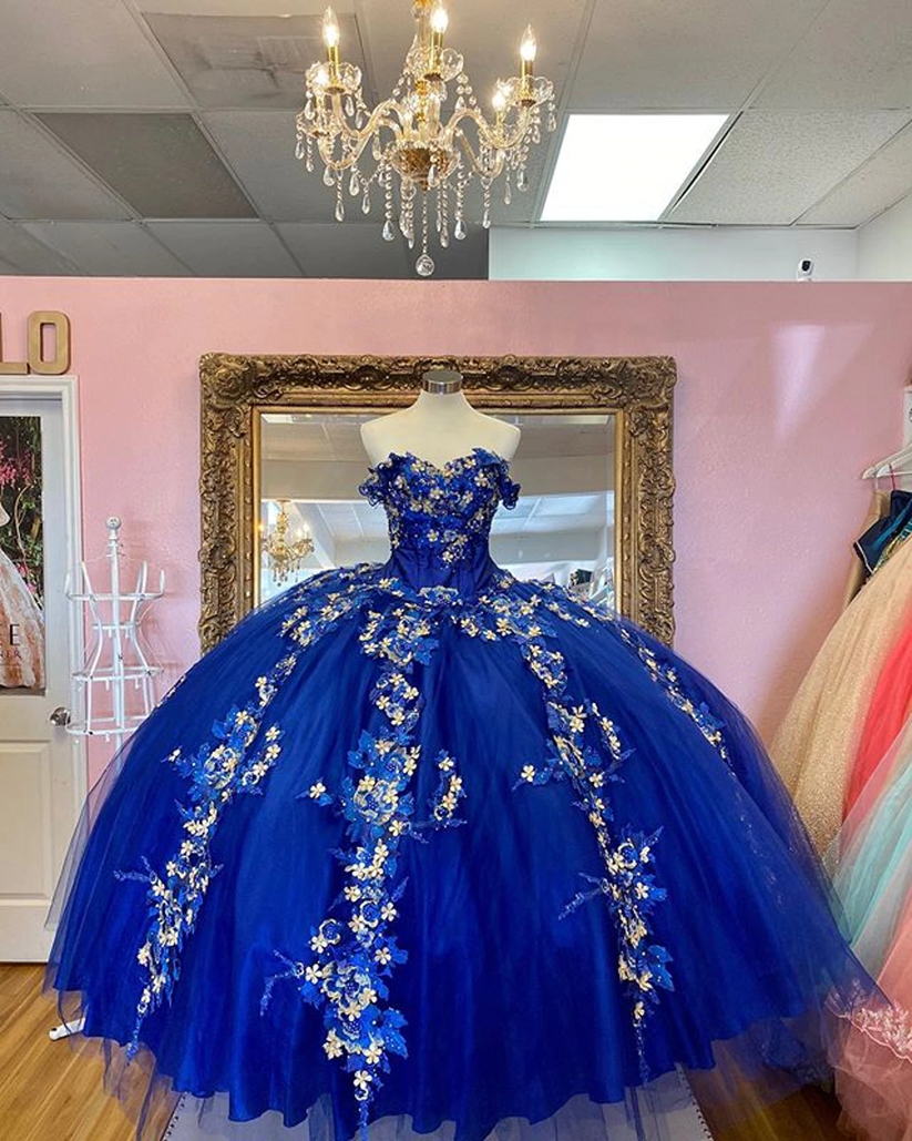 Royal Blue Ball Gown Quinceanera Dresses Off the Shoulder Beaded 3D FL ...