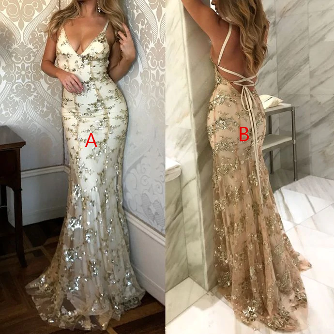 D1074,Mermaid Sexy Prom Dress Vintage Backless Lace Prom Dress,Gold Sequin Prom Dresses