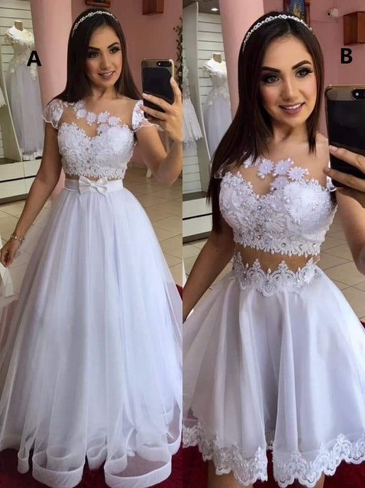 White Lace A Line Tulle Beaded Long Prom Dresses,Two Pieces Homecoming Dresses White Mini Party Gown SA1584