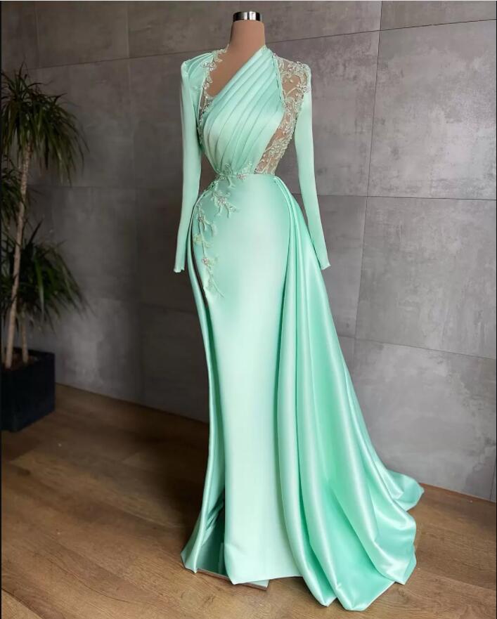 Sexy Prom Dresses Plus Size Arabic Aso Ebi Mermaid Prom Dresses Lace Beaded Illusion Satin Floor Length Party Evening Wear SA1538