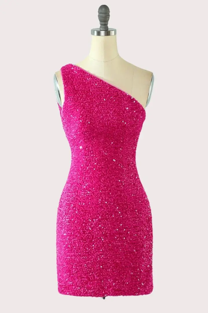 One Shoulder Hot Pink Sequins Tight Party Dress SA839