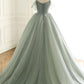 sage green tulle long ball gown with spaghetti straps, sage green sweet 16 dress prom gown P6154