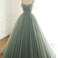 sage green tulle long ball gown with spaghetti straps, sage green sweet 16 dress prom gown P6154