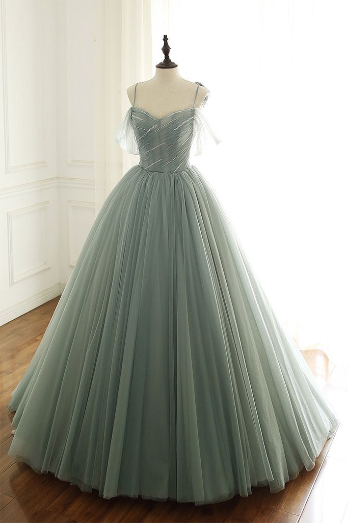 sage green tulle long ball gown with spaghetti straps, sage green sweet 16 dress prom gown P6154
