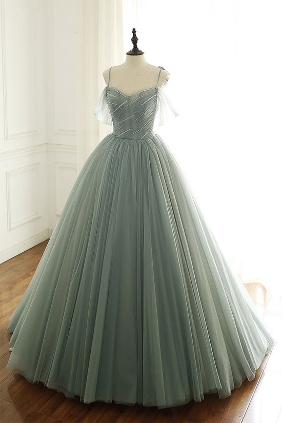 sage green tulle long ball gown with spaghetti straps, sage green swee ...