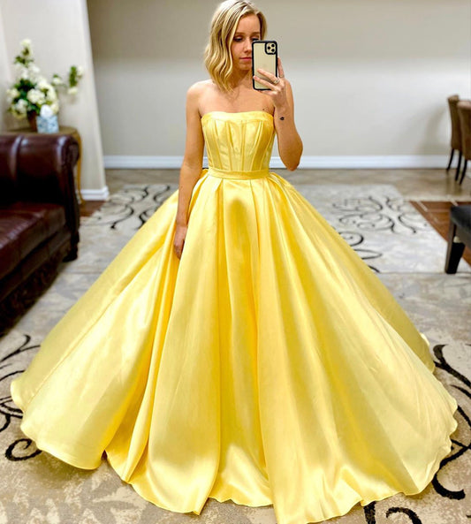 Yellow satin long prom dress yellow evening dress S194