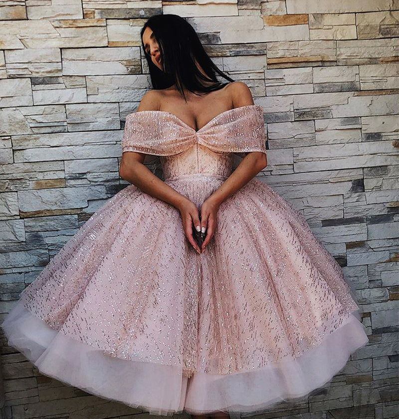Unique pink tulle sequins short prom dress S223