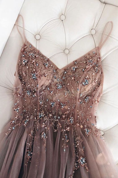 Pink Gentle  Exquisited Beaded Tulle Prom Dress Long Prom Dresses Evening Dress S405