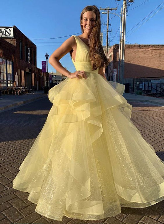 Yellow tulle sequins prom gown, formal dress S666