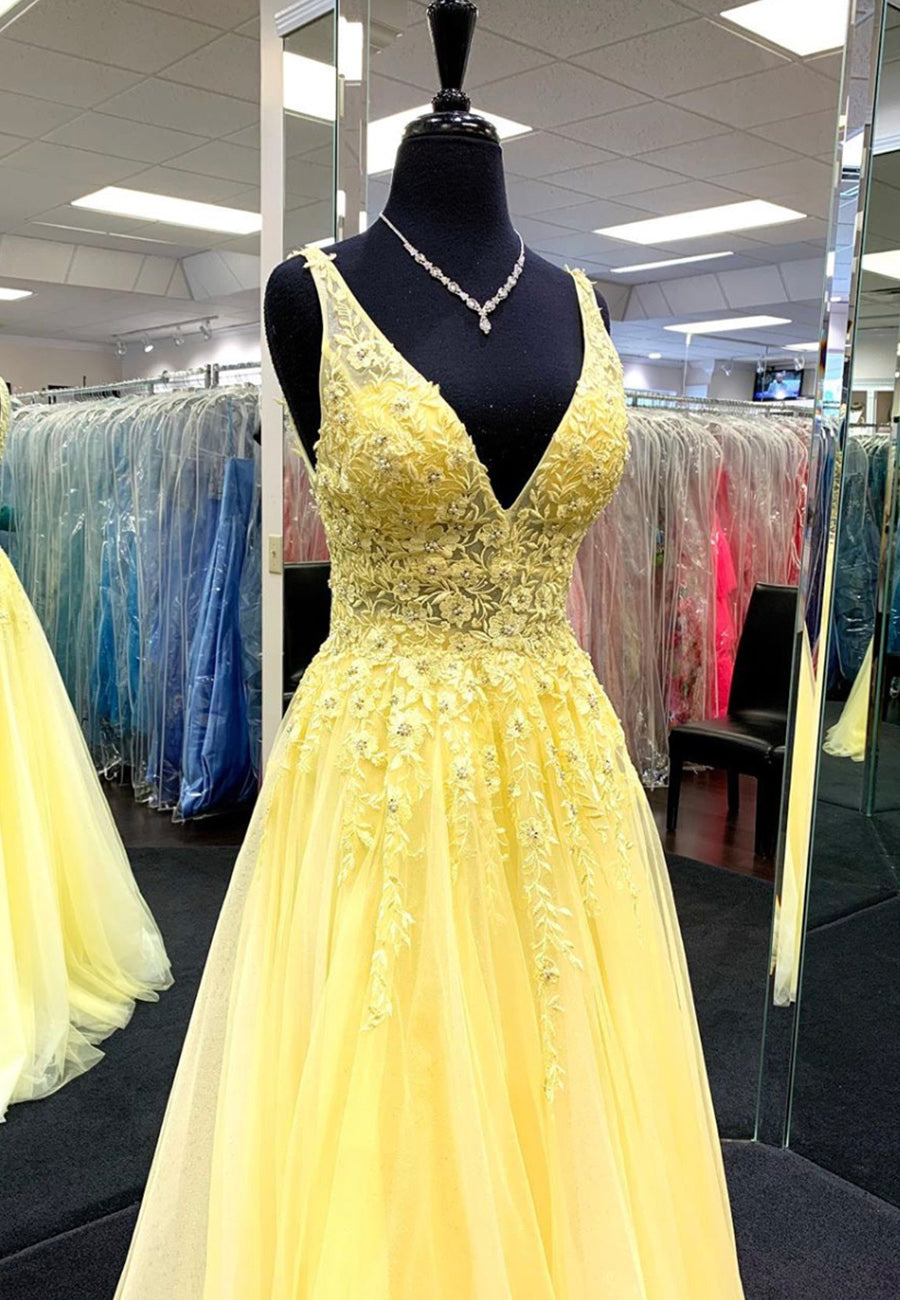 Yellow v neck tulle lace prom dress evening dress S713