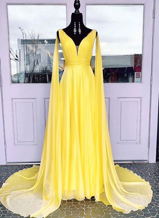 Yellow v neck chiffon prom dress evening dress S832
