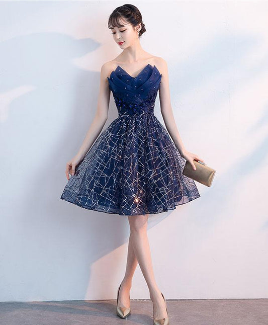 Dark blue v neck tulle sequin short prom dress, blue homecoming dress S94
