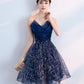 Dark blue v neck tulle sequin short prom dress, blue homecoming dress S94