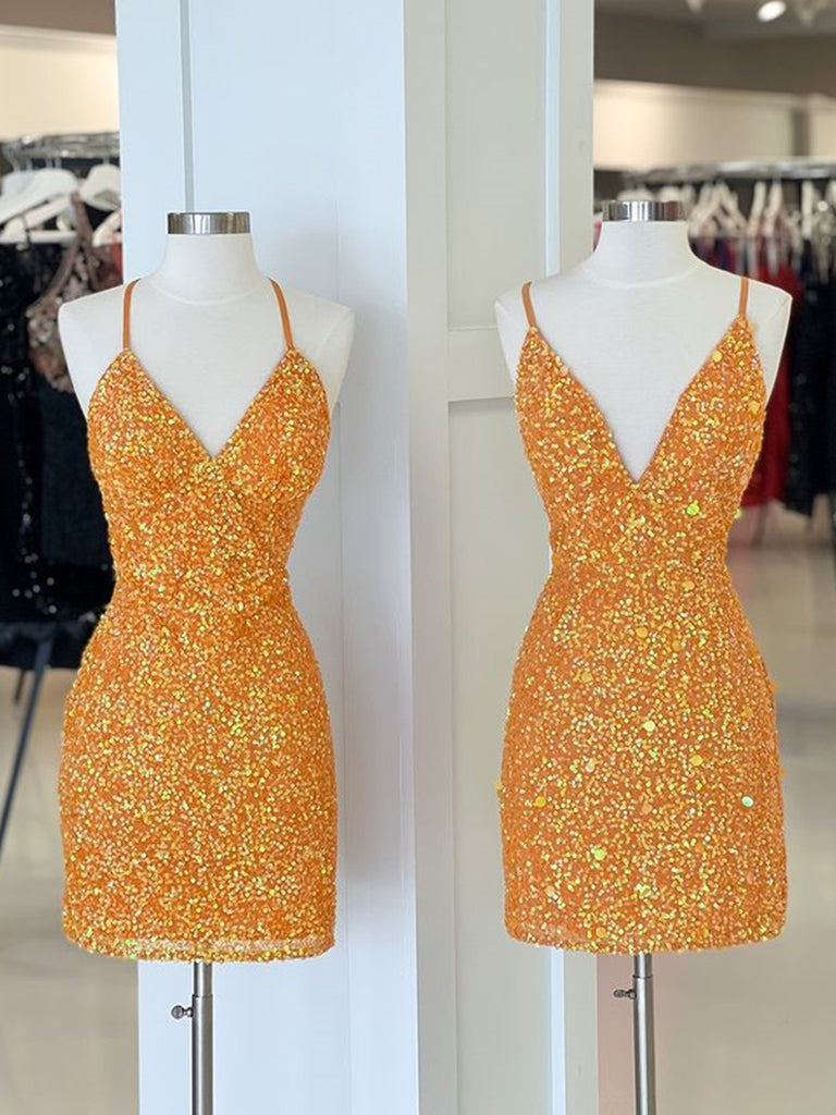 Open Back Short Orange V Neck Formal Homecoming Dresses Hoco Dresses S