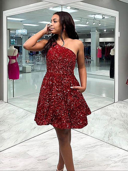 One Shoulder Short Wine Red Formal Homecoming Dresses SH002