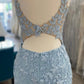 V Neck Blue Lace Short Graduation Homecoming Dresses SH005