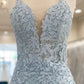 V Neck Blue Lace Short Graduation Homecoming Dresses SH005