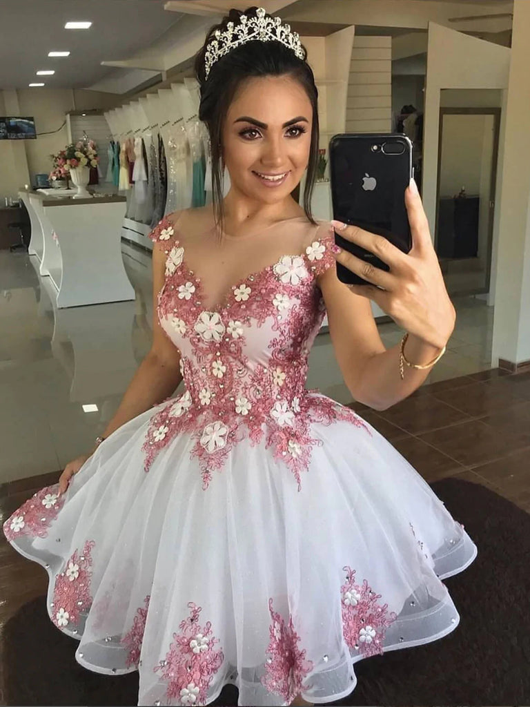 Short White Pink Lace Floral Homecoming Dresses SH010