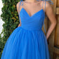A Line V Neck Blue Tulle Tea Length Homecoming Dresses SH017