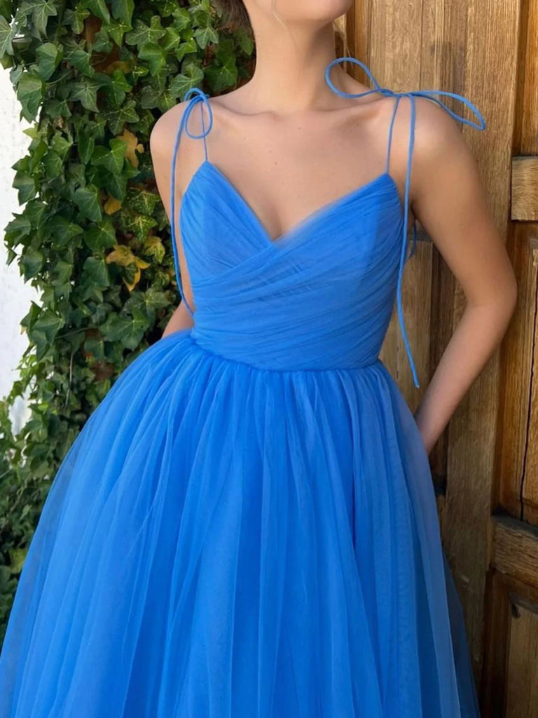 A Line V Neck Blue Tulle Tea Length Homecoming Dresses SH017
