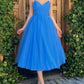 A Line V Neck Blue Tulle Tea Length Homecoming Dresses SH017