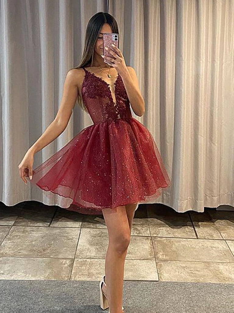 Wine Red Short Lace Graduation Homecoming Dresses SH019