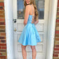 Open Back Short Blue Formal Homecoming Dresses SH027