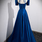 A line Square Neckline Short Sleeves Long Royal Blue Prom Dresses SH031