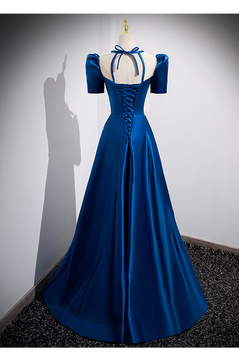 A line Square Neckline Short Sleeves Long Royal Blue Prom Dresses SH031