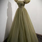 Ball Gown Short Sleeves Long Tulle Sage Green Prom Dresses SH033