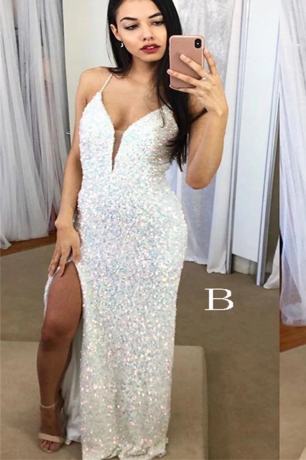 Spaghetti Straps Mermaid Prom Dress, Sparkly Sequins Slit Long Formal Gown SH256