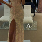 Spaghetti Straps Mermaid Prom Dress, Sparkly Sequins Slit Long Formal Gown SH256