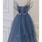 Gorgeous Blue Sparkly Tulle Beaded Prom Dress, Tiered Formal Gown With Rhinestone SH258