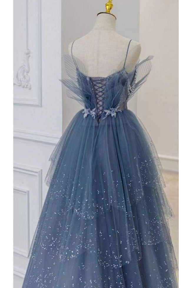 Gorgeous Blue Sparkly Tulle Beaded Prom Dress, Tiered Formal Gown With Rhinestone SH258