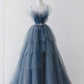 Gorgeous Blue Sparkly Tulle Beaded Prom Dress, Tiered Formal Gown With Rhinestone SH258