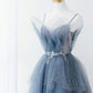 Gorgeous Blue Sparkly Tulle Beaded Prom Dress, Tiered Formal Gown With Rhinestone SH258