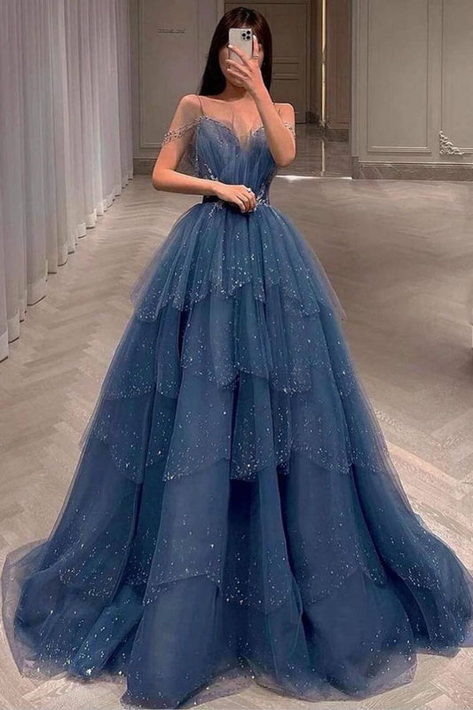 Gorgeous Blue Sparkly Tulle Beaded Prom Dress, Tiered Formal Gown With Rhinestone SH258