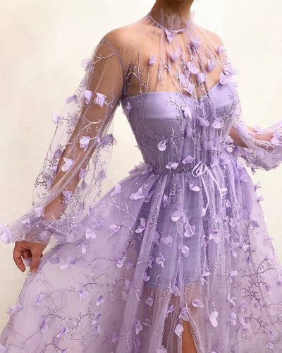 Sexy Tulle High Neck Front Slit Prom Dress Chic Appliques Flowers Long Sleeves Prom Dresses SH259