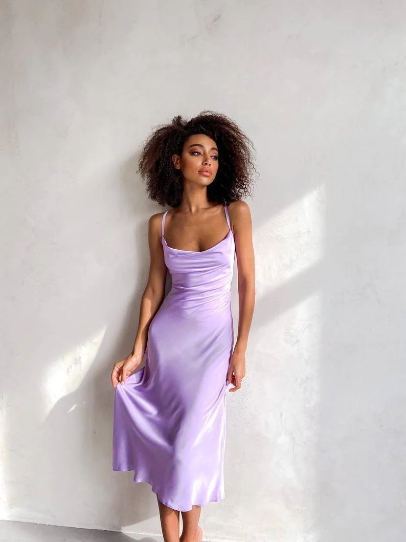Lavender Silk Slip Dress for Women Open Back Drawstring Sexy Flowy Dress for Romantic Date Bridesmaid Party Prom Dresses SH260