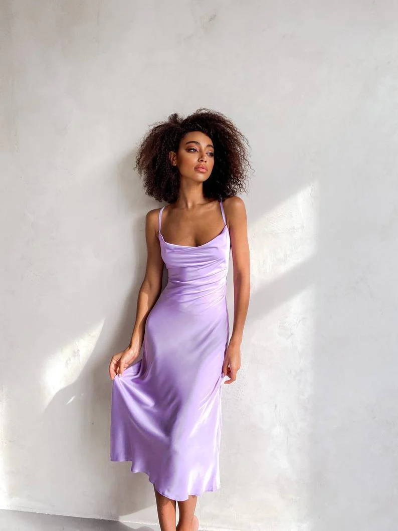 Lavender Silk Slip Dress for Women Open Back Drawstring Sexy Flowy Dre – shinydress