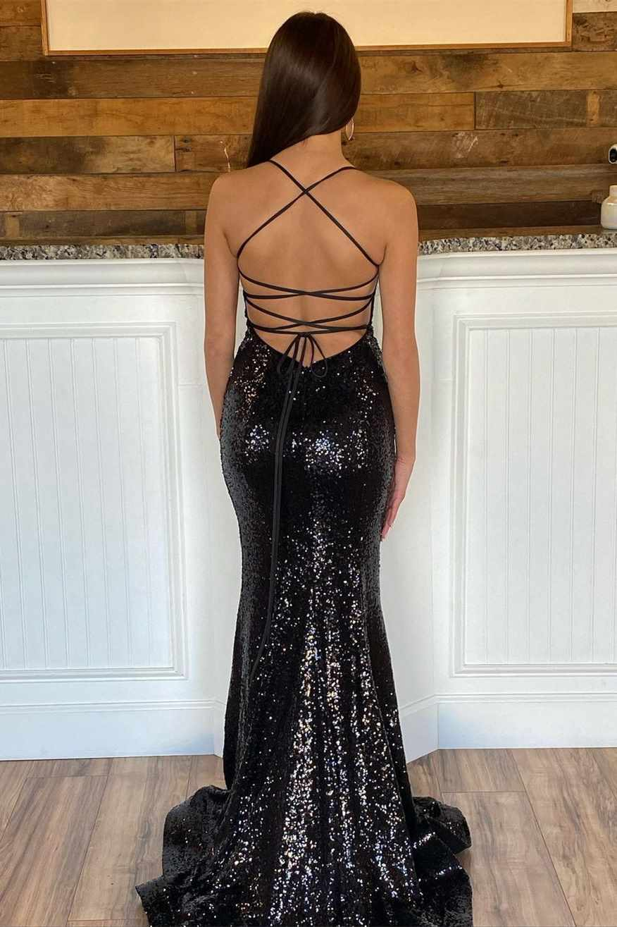 Elegant Mermaid Floor Length Black Sequin Prom Dresses SH272