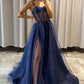 Sexy Sparkle Spaghetti strap Navy Blue A-line Princess Tulle Prom Dress SH278