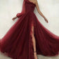 Burgundy tulle prom dress one shoulder evening dress SH279
